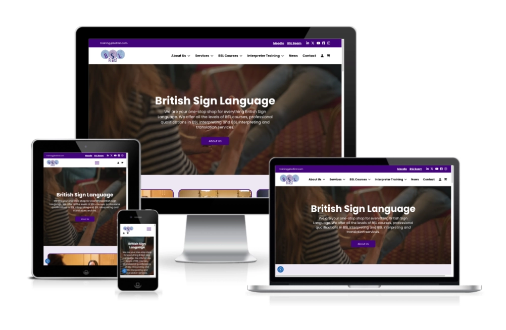 A website about British Sign Language is displayed on a desktop monitor, laptop, tablet, and smartphone, showing its responsive design.