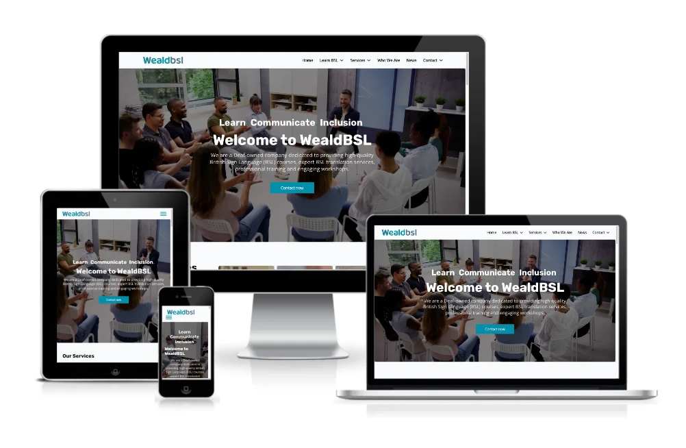 Four digital devices display the WealdBSL website homepage, showing a group discussion image and the text “Learn Communicate Inclusion Welcome to WealdBSL.”.