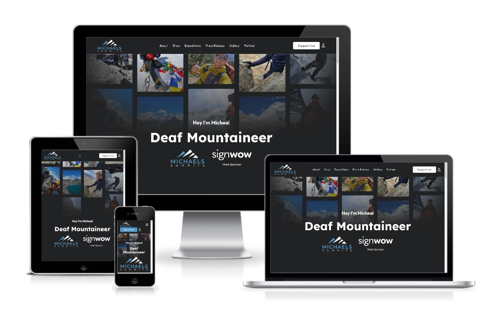 A website called "Michael's Everest" is displayed on a desktop, laptop, tablet, and smartphone screen, showing images of mountains and the text "Deaf Mountaineer.