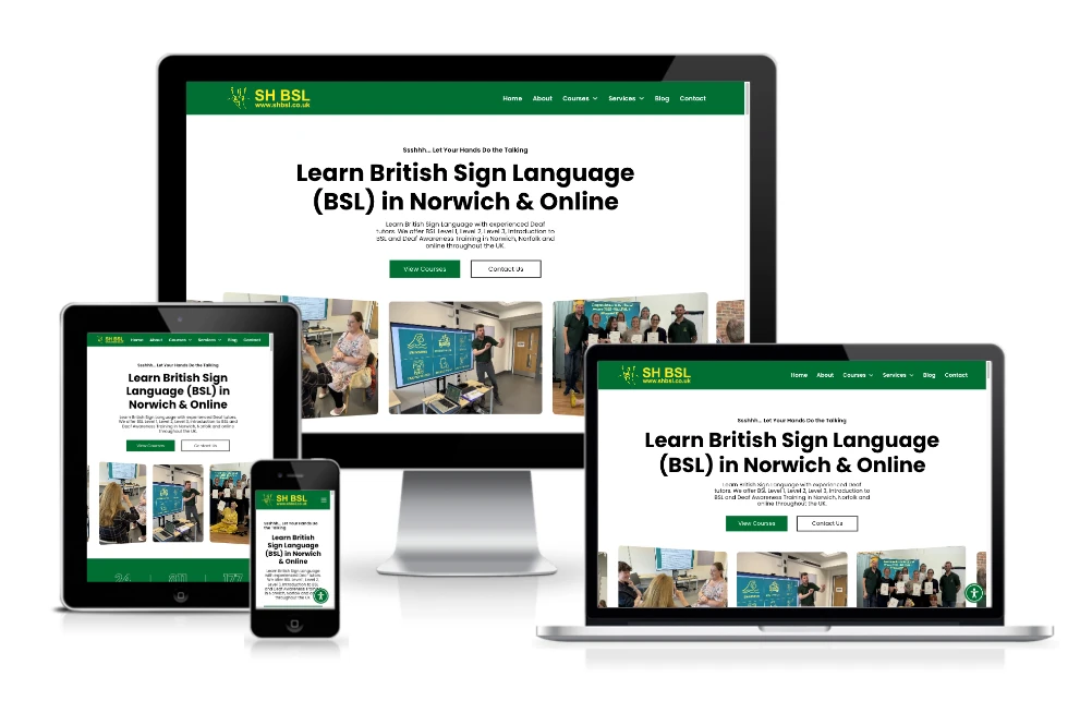 A website offering British Sign Language courses is displayed on a desktop, laptop, tablet, and smartphone screen, showcasing its responsive design.