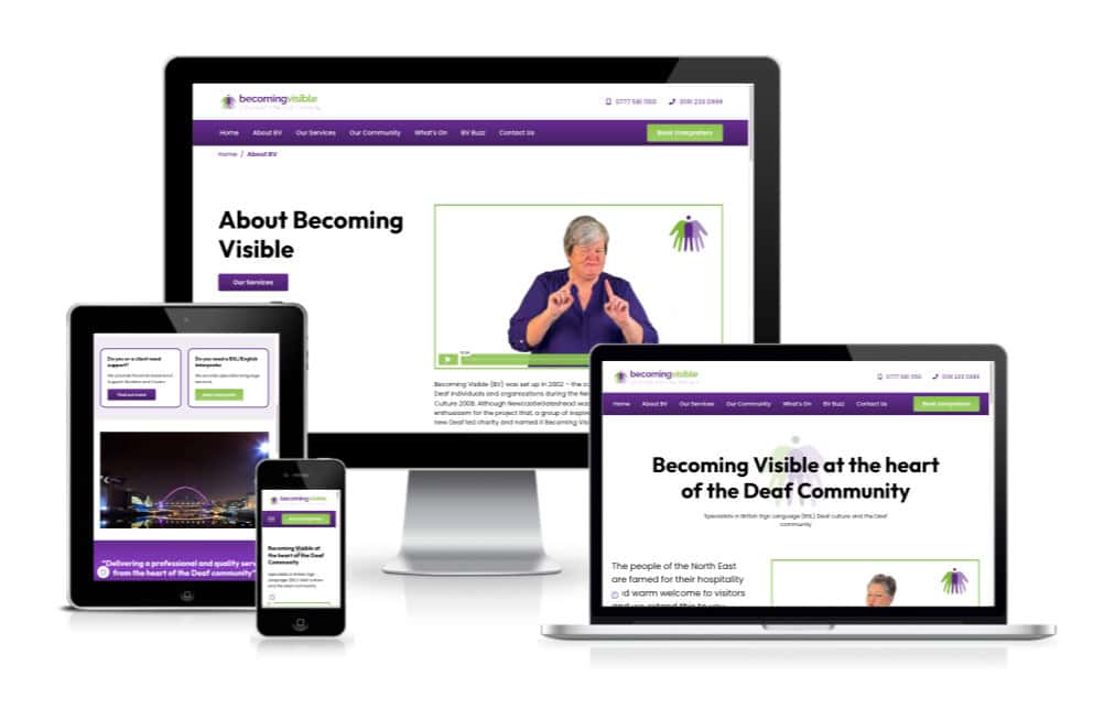 Various devices displaying the "becoming visible" website, focused on deaf community issues, featuring sign language interpretation videos.