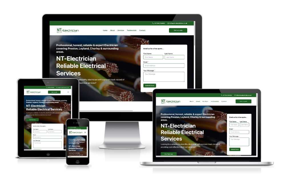 Website displayed on various devices, featuring "NT-Electrician Reliable Electrical Services" with images of electrical wires and a contact form.