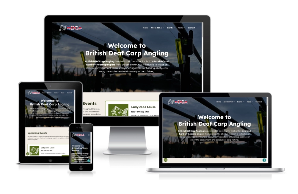 Responsive design of the British Deaf Carp Angling website displayed on a desktop, laptop, tablet, and smartphone.