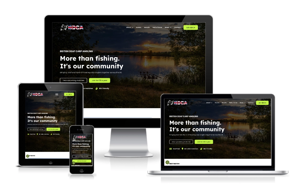 A fishing community website homepage displayed on a desktop monitor, laptop, tablet, and smartphone, showing a lake background and the text “More than fishing. It’s our community.”.