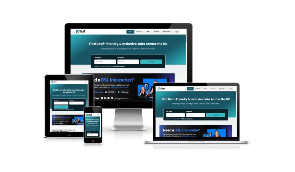 A job search website home page is displayed on a desktop monitor, laptop, tablet, and smartphone, showing responsive web design across devices.