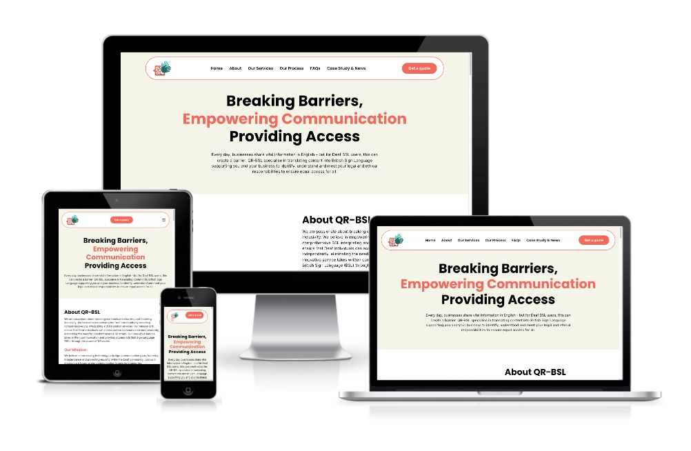 A website with the headline "Breaking Barriers, Empowering Communication, Providing Access" is displayed on a desktop, laptop, tablet, and smartphone screen.