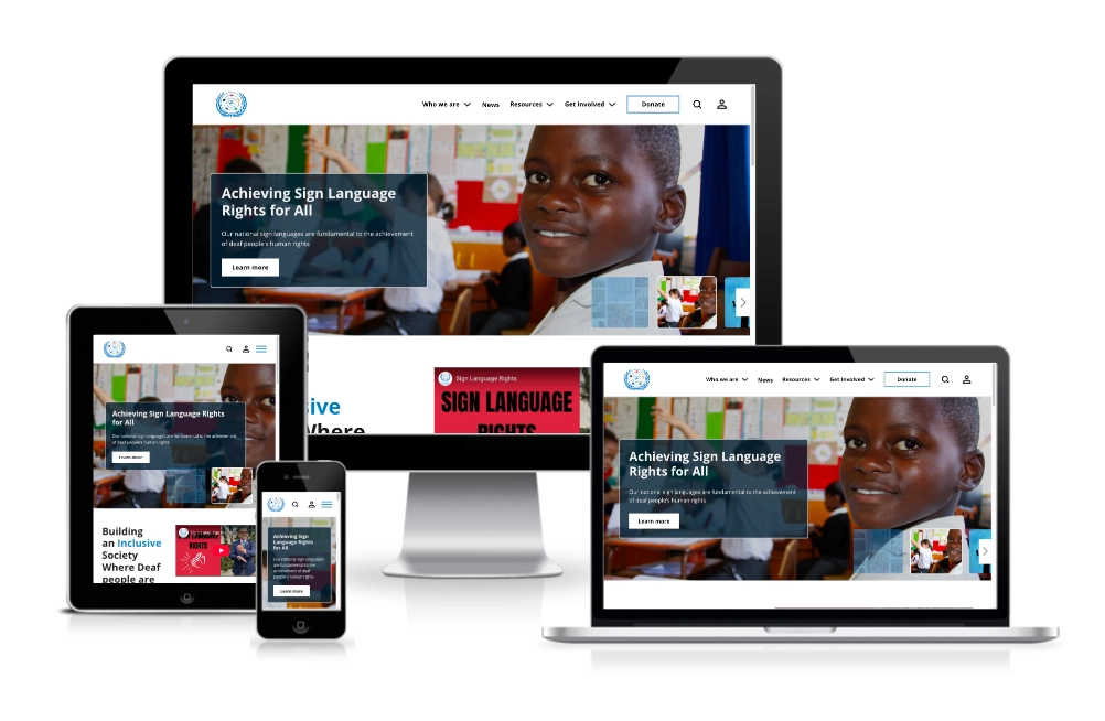 The image shows a responsive website about sign language rights displayed on a smartphone, tablet, laptop, and desktop monitor.