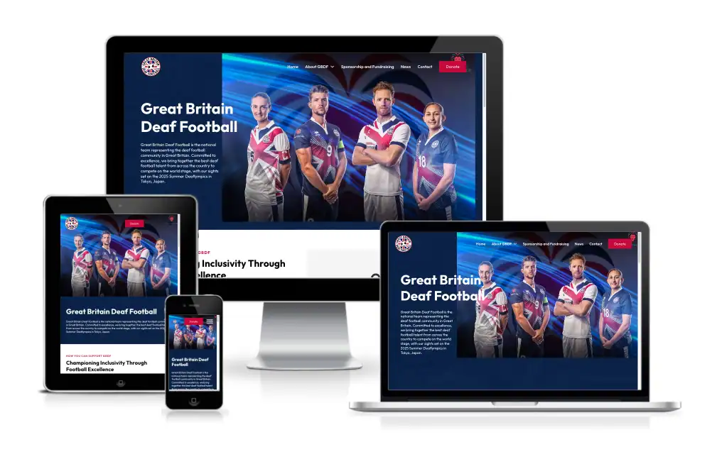 A website about Great Britain Deaf Football is displayed on a desktop, laptop, tablet, and smartphone screen, featuring players in team uniforms.