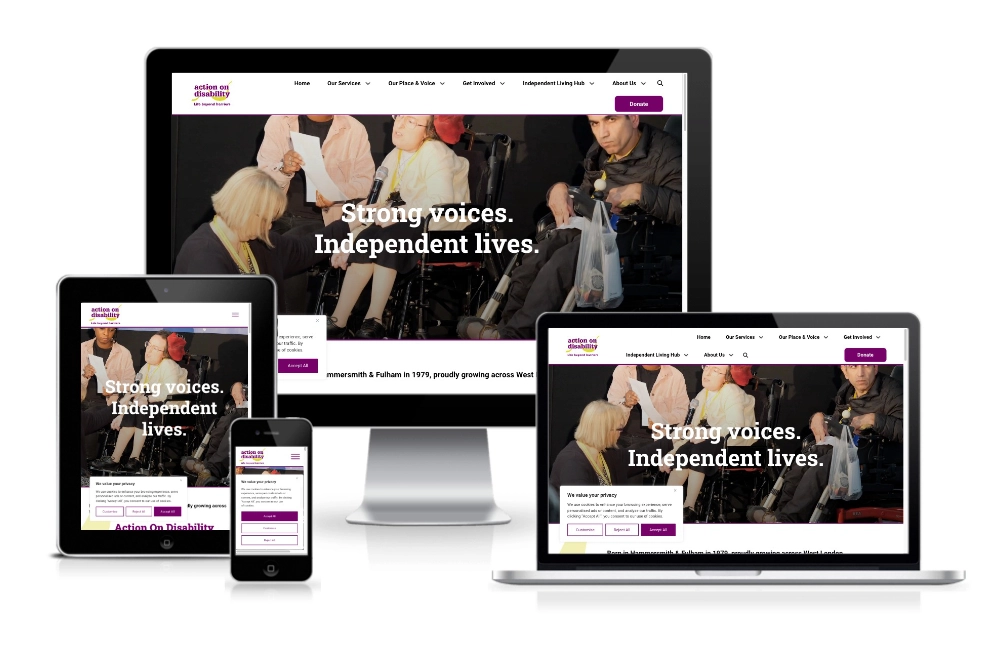 A website with the text “Strong voices. Independent lives.” is displayed on a desktop computer, laptop, tablet, and smartphone, showing responsive web design.