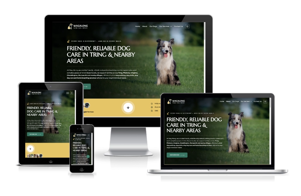 A dog care service website is displayed on a desktop computer, laptop, tablet, and smartphone, showing a consistent design and a photo of a dog on grass.