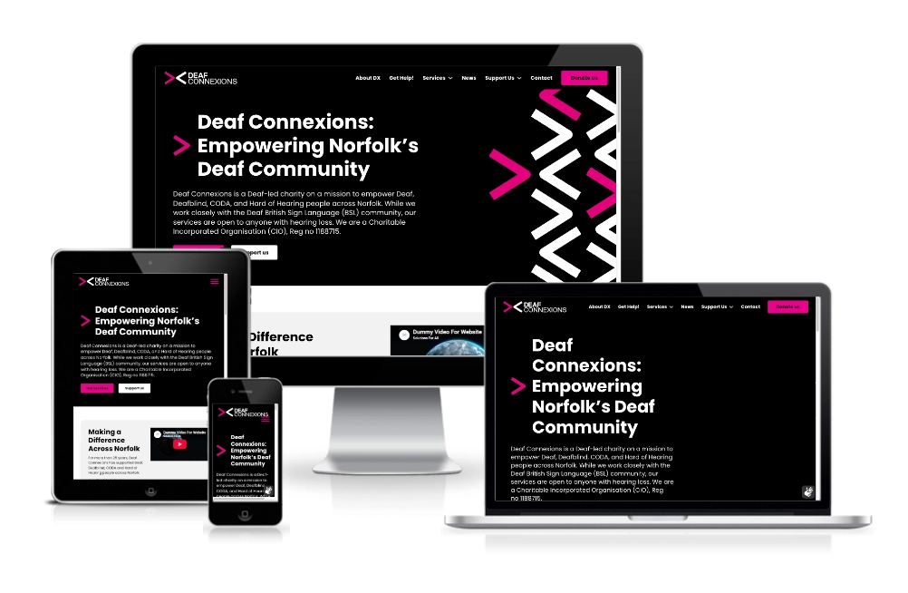 Four devices display the Deaf Connexions website with a black background, white and pink text, and a large heading about empowering Norfolk’s Deaf community.