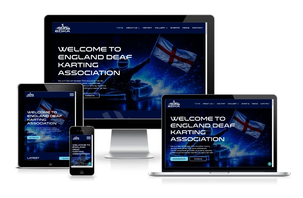 A responsive website for the England Deaf Karting Association is displayed on a desktop, laptop, tablet, and smartphone, all showing a blue-themed homepage with white text.