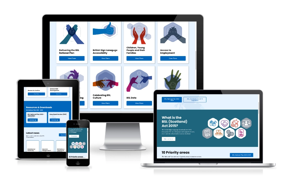 A desktop monitor, tablet, and smartphone displaying the BSL National Plan website with sections for priority areas, resources, and BSL legislation.